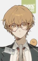 1boy baby_animal bird black_coat blonde_hair blurry book chick close-up coat collared_shirt g7cdpdto2i6hot6 glasses holding holding_book id_card limbus_company looking_at_viewer male_focus project_moon shirt simple_background sinclair_(project_moon) white_shirt