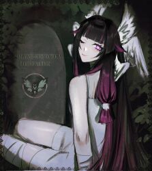 1girl bandaged_leg bandages black_hair columbina_(genshin_impact) crimson_lotus_moth_(genshin_impact) dress english_text feather_hair_ornament feathers full_body genshin_impact hair_ornament highres light_smile multicolored_hair one_eye_closed pink_eyes purple_hair tombstone tractorbelarus228 white_dress