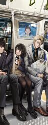 Rule 34 | 2boys, 2girls, bag, black pants, black pantyhose, black shoes, blue shirt, blush, bread, brown shoes, cellphone, closed eyes, closed mouth, dog, dress shirt, food, formal clothes, highres, huli xiaobai, jujutsu kaisen, lapels, light blush, medium hair, multiple boys, multiple girls, nanami kento, notched lapels, open mouth, pants, pantyhose, phone, plastic bag, polka dot necktie, shirt, shoes, shopping bag, short hair, sitting, smartphone, smile, subway, suit, tongue, tongue out, white pants, white suit