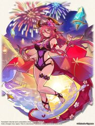 1girl breasts collarbone commentary dragalia_lost dragon_girl dragon_horns dragon_tail english_commentary fireworks flower glowing_crystal gold_wrist_cuffs head_wreath horns large_breasts long_hair mym_(dragalia_lost) night night_sky official_art orange_eyes red_hair saitou_naoki sky smile solo swimsuit tail tail_flower tail_ornament thigh_strap wading