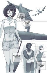 ! 1girl 2boys ahoge airport antenna_hair brazil breasts christ_the_redeemer comic d0ubou english_text highres komi-san_wa_komyushou_desu monochrome multiple_boys navel osana_najimi_(komi-san_wa_komyushou_desu) short_hair shorts spoken_exclamation_mark tan thighs