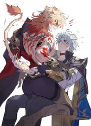 2boys anger_vein animal_ears antenna_hair arm_tattoo armlet armor back_tattoo bare_pectorals black_choker black_coat black_pants black_shirt blonde_hair blue_cape blue_eyes blush braid cape choker clawed_gauntlets coat dog_boy dog_ears dog_tail eye_contact gold_necklace grabbing_another&#039;s_tail gradient_hair hair_between_eyes hashtag-only_commentary highres honkai:_star_rail honkai_(series) jewelry lion_boy lion_ears lion_tail looking_at_another male_focus medium_hair multicolored_hair multiple_boys mydei_(honkai:_star_rail) necklace open_clothes open_coat pants pauldrons pectorals phainon_(honkai:_star_rail) qel red_hair red_tattoo shirt short_hair shoulder_armor side_braid simple_background single_pauldron sitting sitting_on_lap sitting_on_person tail tattoo toned toned_male white_background white_coat white_hair yaoi yellow_eyes