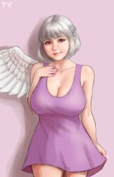 Rule 34 | 1girl, breasts, cleavage, dress, feathered wings, grey hair, highres, kishin sagume, large breasts, looking at viewer, nail polish, purple dress, red eyes, short hair, single wing, smile, solo, touhou, wings, yyf (seaknight)