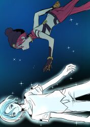 1boy 1girl amate_yuzuriha aqua_eyes beanie black_hat blue_background commentary glowing gundam gundam_gquuuuuux hat highres mecha_pilot_suit pants pom_pom_(clothes) pom_pom_beanie red_hair shirt short_hair shuji_ito sideways smile sparkle spirit turumiya_s