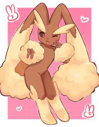 1girl :3 animal_nose arm_up black_sclera blush body_fur border brown_fur colored_sclera creatures_(company) double_v female_focus flat_chest fluffy full_body furry furry_female game_freak gen_4_pokemon grid_background hand_up happy heart long_ears looking_at_viewer lopunny nintendo one_eye_closed open_mouth outside_border outstretched_arm pink_background pokemon pokemon_(creature) rabbit_ears rabbit_girl rabbit_tail red_eyes short_tail simple_background smile solo standing tail taki_houdai two-tone_fur v white_border wink yellow_fur
