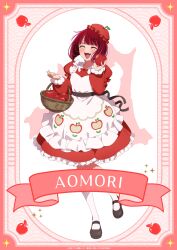 1girl absurdres apple apron arima_kana basket beret black_shoes blush bob_cut closed_eyes dress food fruit hair_between_eyes hat highres holding holding_basket holding_food holding_fruit long_sleeves medium_hair official_art open_mouth oshi_no_ko red_dress red_hair red_hat red_skirt shoes short_hair simple_background skirt smile solo thighhighs waist_apron white_thighhighs