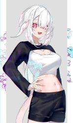 1girl absurdres au_ra black_shorts black_shrug breasts crop_top dragon_girl dragon_horns dragon_tail final_fantasy final_fantasy_xiv hand_on_own_hip highres horns looking_at_viewer midriff motsuni_(lxxe1120) navel red_eyes scales shirt shorts shrug_(clothing) solo tail warrior_of_light_(ff14) white_hair white_shirt
