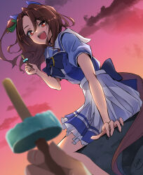 1boy 1girl absurdres animal_ears brown_hair dutch_angle highres horse_ears horse_girl horse_tail king_halo_(umamusume) looking_at_viewer multicolored_background multicolored_sky naegi_happy school_uniform sky smile tail tracen_school_uniform umamusume