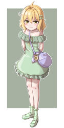 1girl arms_behind_back bag blonde_hair bow counter:side dress full_body green_background green_bow green_dress green_shoes green_socks hair_between_eyes hair_bow handbag kaci_bins mary_janes medium_hair pabenia shoes simple_background socks solo standing two-tone_background white_background yellow_eye