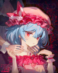 2girls ainy artist_name blue_hair bow brooch commentary dress hair_between_eyes hat hat_bow highres jewelry mob_cap multiple_girls necklace off-shoulder_dress off_shoulder parted_lips pink_dress pink_hat red_bow red_eyes red_nails remilia_scarlet short_hair signature solo_focus touhou upper_body wrist_cuffs