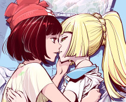 2girls bare_shoulders beanie bed bed_sheet black_hair blonde_hair blunt_bangs braid breakrabbit fingernails floral_print french_braid green_eyes grey_eyes hand_on_another&#039;s_back hand_on_another&#039;s_face hat high_ponytail lillie_(pokemon) long_hair looking_at_another lying multiple_girls nintendo on_bed on_side open_mouth pillow poke_ball_theme pokemon pokemon_sm ponytail red_hat selene_(pokemon) shirt shirt_slip short_hair short_sleeves spoilers white_shirt yellow_shirt yuri