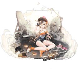 Rule 34 | 1girl, anti-personnel mine, anti-personnel weapon, automatic shotgun, black gloves, black hat, blonde hair, blow-forward firearm, blue overalls, bullpup, camisole, cassette magazine, character name, commentary, copyright name, cylinder, cylinder (weapon), denim, denim shorts, donut, english commentary, explosive, fingerless gloves, food, full body, gas-seal revolver, girls&#039; frontline, gloves, goggles, goggles on head, gun, hat, highres, long hair, looking at viewer, mine (weapon), mk3a1 (girls&#039; frontline), mk3a1 (the art of mk3a1 maintenance) (girls&#039; frontline), namyo, newsboy cap, official alternate costume, official art, one eye closed, open mouth, orange socks, overalls, pancor jackhammer, pancor jackhammer mk3a1, promotional art, prototype design, purple eyes, revolver shotgun, shoes, shorts, shotgun, sitting, sneakers, socks, solo, suspenders, toes, torn clothes, torn socks, transparent background, weapon, white camisole, white shoes