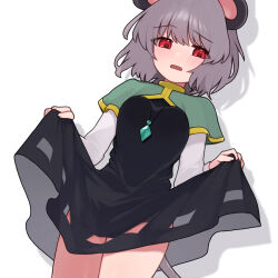 1girl animal_ears black_dress blush breasts capelet cowboy_shot dress gnwcq green_capelet grey_hair heart heart-shaped_pupils highres jewelry looking_at_viewer medium_hair mouse_ears mouse_girl mouse_tail nazrin necklace open_mouth red_eyes shirt simple_background skirt_hold small_breasts solo symbol-shaped_pupils tail textless_version touhou white_background white_shirt