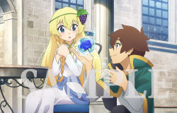 1boy 1girl anime_coloring black_pants blonde_hair blue_eyes blue_flower blue_rose blue_streaks blush braid capelet closed_mouth dress flower food food-themed_hair_ornament fruit fruit_hair_ornament grape_hair_ornament grapes green_capelet green_hairband hair_between_eyes hair_ornament hairband iris_(konosuba) kikuta_kouichi kono_subarashii_sekai_ni_shukufuku_wo! long_hair long_sleeves magic official_art open_hands open_mouth outstretched_hand own_hands_clasped own_hands_together palms pants profile rose satou_kazuma short_hair side_braid simple_background sitting smile spread_fingers surprised table water white_dress