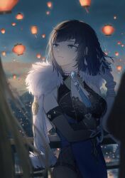 1girl architecture asymmetrical_gloves bead_necklace beads black_hair bob_cut bodysuit bracelet breasts coat dawn dice earrings east_asian_architecture elbow_gloves fishnets fur-trimmed_coat fur_trim genshin_impact gloves green_eyes highres jewelry lantern medium_breasts misaki_(mskmmti) mole mole_on_breast multicolored_hair necklace paper_lantern playing_with_own_hair scenery single_elbow_glove solo streaked_hair yelan_(genshin_impact)