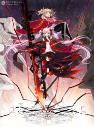 Rule 34 | 3girls, black hair, blonde hair, capelet, flower, gloves, hair flower, hair ornament, hair ribbon, headphones, huge weapon, long hair, magic circle, multiple girls, pixiv fantasia, pixiv fantasia 5, red eyes, ribbon, short hair, silver hair, skirt, tsukii, twintails, very long hair, weapon