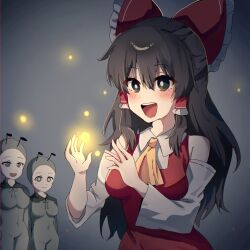 Rule 34 | 3girls, akira (cookie), black eyes, black hair, blush, bodysuit, bow, breasts, bright pupils, commentary request, cookie (touhou), detached sleeves, fireflies, frilled bow, frilled hair tubes, frills, grey background, grey bodysuit, grey eyes, hair bow, hair tubes, hakurei reimu, koga (cookie), long hair, medium breasts, multiple girls, niu 42, open mouth, red bow, red shirt, reisen udongein inaba, ribbon-trimmed sleeves, ribbon trim, shinonome (cookie), shirt, sidelocks, sleeveless, sleeveless shirt, smile, solo focus, touhou, upper body, white pupils, white sleeves, yagokoro eirin