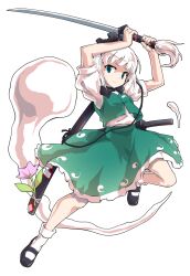 1girl arms_up black_bow black_bowtie black_shoes blunt_bangs bow bowtie closed_mouth collared_shirt commentary_request dairi frilled_skirt frills full_body green_eyes green_skirt green_vest holding holding_sword holding_weapon katana konpaku_youmu konpaku_youmu_(ghost) large_variant_set looking_at_viewer mary_janes shirt shoes short_hair short_sleeves skirt skirt_set socks solo standing standing_on_one_leg sword tachi-e touhou variant_set vest weapon white_hair white_shirt white_socks