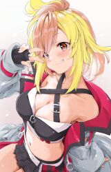 1girl absurdres ahoge bare_shoulders belt black_gloves black_skirt blonde_hair blush breasts brown_eyes cleavage collarbone crop_top cropped_shirt fang fingerless_gloves gloves gradient_hair grey_jacket hair_between_eyes hand_on_own_face harness highres hira_hikari jacket large_breasts looking_at_viewer midriff miniskirt multicolored_hair nanashi_inc. navel open_clothes open_jacket open_mouth pleated_skirt red_jacket shirana_tamana short_hair simple_background skirt smile solo thighs two-tone_hair v virtual_youtuber white_background white_belt