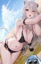 1girl :o absurdres animal_ear_fluff animal_ears arm_strap beach bikini black_bikini breasts cleavage cloud commentary cumulonimbus_cloud day double-parted_bangs grey_eyes grey_hair hair_between_eyes highres hololive large_breasts lion_ears lion_tail long_hair long_hair_between_eyes looking_at_viewer lying navel o-ring o-ring_bikini on_side outdoors shishiro_botan side-tie_bikini_bottom sky solo ssrb_(shishiro_botan) stomach string_bikini sunglasses swept_bangs swimsuit symbol-only_commentary tail virtual_youtuber wanne