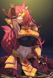 abs animal_ears armor armpits blue_heater_2 glowing glowing_eyes gold_armor highres holding holding_weapon laveisor non-web_source onatsurat pixel_art red_hair roblox shoulder_armor sitting_on_water skin_tight sleeveless sleeveless_turtleneck_sweater tail weapon wolf_ears wolf_girl wolf_tail yellow_eyes