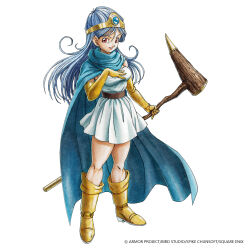 1girl belt blue_cape blue_gemstone blue_hair boots cape circlet copyright_name dragon_quest dragon_quest_iii dress elbow_gloves fenyon floating_hair full_body gem gloves gold_circlet hand_on_own_chest holding holding_staff light_smile long_hair looking_at_viewer official_art parted_lips red_eyes sage_(dq3) simple_background solo staff standing strapless strapless_dress white_background white_dress yellow_boots yellow_gloves