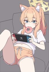 Rule 34 | 1girl, absurdres, alternate hairstyle, animal ear fluff, animal ears, blue archive, blue eyes, blush, dolphin shorts, donut, food, food in mouth, hair between eyes, halo, handheld game console, highres, holding, holding handheld game console, long hair, lying, mari (blue archive), mouth hold, navel, nintendo switch, official alternate costume, on back, orange hair, orange shorts, playing games, ponytail, shirt, short shorts, short sleeves, shorts, solo, t-shirt, vector (dmlddmld00), white shirt, yellow halo