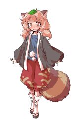 1girl alphes_(style) animal_ears black_kimono black_sandals blue_shirt blush commentary_request dairi full_body japanese_clothes kimono large_variant_set leaf leaf_on_head long_hair long_sleeves looking_at_viewer okobo open_clothes open_kimono open_mouth parody platform_sandals raccoon_ears raccoon_girl raccoon_tail red_shorts sandals shirt shorts socks solo standing style_parody tabi tachi-e tail tanuki_mob_(touhou) tears thick_eyebrows touhou transparent_background variant_set white_socks wide_sleeves