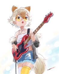 Rule 34 | 1girl, absurdres, animal ears, beleven, blonde hair, camisole, coyote (kemono friends), extra ears, guitar, highres, instrument, jacket, kemono friends, kemono friends v project, short hair, shorts, simple background, solo, sunglasses, tail, thighhighs, virtual youtuber, wolf ears, wolf girl, wolf tail, yellow eyes