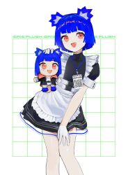 1girl :d absurdres alternate_costume animal_ear_fluff animal_ears apron arm_up bear_ears bear_girl belt black_belt black_coat black_dress blue_hair blue_shoes blunt_bangs blunt_ends blunt_sidelocks bob_cut buckle character_doll character_name chest_belt chibi coat collared_dress commentary contrapposto doll dress english_commentary english_text enmaided eyebrows_hidden_by_hair fang feet_out_of_frame flat_chest frilled_apron frills gloves go!_go!_gris! grid_background grin gris_(go!_go!_gris!) hair_intakes hand_on_own_thigh head_tilt highres holding holding_stuffed_toy knees_together_feet_apart leaning_to_the_side light_blush long_eyelashes looking_at_viewer maid maid_apron merchandise merchandise_available miniskirt open_mouth original outstretched_arm outstretched_arms pink_coat pink_eyes promotional_art puffy_short_sleeves puffy_sleeves raised_eyebrows red_eyes see-through_clothes see-through_skirt shoes short_hair short_sleeves sidelocks skirt smile snap-fit_buckle socks solo spread_arms standing stuffed_toy text_background thick_eyelashes thighs two-sided_coat two-sided_fabric two-tone_dress underbust vertigris waist_apron white_apron white_background white_belt white_dress white_gloves white_sleeve_cuffs white_socks