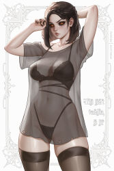 1girl alternate_costume bootybear braid breasts brown_shirt brown_thighhighs collarbone colored_sclera commentary english_commentary highres large_breasts looking_at_viewer nail_polish red_eyes red_sclera see-through_clothes see-through_shirt serana shirt short_hair skindentation solo the_elder_scrolls the_elder_scrolls_v:_skyrim thighhighs zettai_ryouiki
