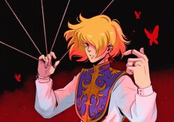 1boy androgynous andythelemon blonde_hair bug butterfly chain earrings eyebrows eyelashes hunter_x_hunter insect jewelry kurapika looking_at_viewer male_focus one_eye_covered pale_skin piercing red_background red_eyes ring solo