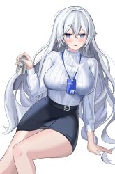 1girl absurdres arm_support belt belt_buckle black_belt black_skirt blue_eyes blue_nails blush breasts bronya_zaychik buckle can commentary_request crossed_bangs double-parted_bangs drink_can feet_out_of_frame fingernails hair_intakes hand_up highres holding holding_can honkai_(series) honkai_impact_3rd impossible_clothes impossible_sweater invisible_floor jitome lanyard large_breasts long_hair long_sleeves miniskirt nail_polish parted_lips pencil_skirt pink_pupils ribbed_sweater simple_background sitting skirt soda_can solo sweater sweater_tucked_in turtleneck turtleneck_sweater very_long_hair wavy_hair white_background white_hair white_sweater zawa_(beat7327)