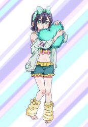 1girl alternate_costume bangs_pinned_back bare_shoulders black_hair blush bow_hairband bra cardigan dalidari27 diagonal-striped_background frilled_bra frilled_pillow frilled_shorts frills green_bra green_cardigan green_eyes green_hairband green_shorts hair_between_eyes hair_ornament hairband hairclip hands_up haraga_kurumi heart heart-shaped_pillow highres holding holding_pillow kimi_no_koto_ga_dai_dai_dai_dai_daisuki_na_100-nin_no_kanojo knees_together_feet_apart leg_warmers long_sleeves looking_at_viewer loose_socks low_twintails navel no_shoes off_shoulder official_alternate_hairstyle open_cardigan open_clothes open_mouth pajamas pillow polka_dot polka_dot_bra polka_dot_hairband polka_dot_shorts pom_pom_(clothes) puffy_shorts short_twintails shorts sleeve_bow socks solo standing stomach striped_background thick_eyebrows twintails underwear v-shaped_eyebrows yellow_bra yellow_leg_warmers yellow_shorts