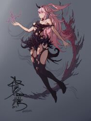 1girl alternate_costume asymmetrical_horns bare_arms bare_shoulders black_choker black_dress black_horns black_pantyhose breasts choker demon_girl demon_horns demon_wings dress floating full_body grey_background hair_ears hashtag-only_commentary highres honkai_(series) honkai_impact_3rd horns liza23rd long_hair magic medium_breasts monsterification no_shoes object_floating_above_hand outstretched_hand pantyhose pink_hair pink_wings short_dress signature simple_background sleeveless sleeveless_dress small_horns solo strap_slip torn_clothes torn_dress torn_pantyhose very_long_hair wings yae_sakura
