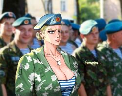 1girl beret blonde_hair breasts cleavage dog_tags geronimo hair_bun hat highres large_breasts military_uniform original photo_background shirt single_hair_bun striped_clothes striped_shirt telnyashka upper_body vdv