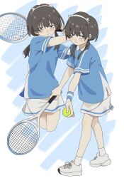 1girl animal_ear_hairband animal_ears ball blue_background blue_shirt blush border brown_eyes brown_hair cat_ear_hairband cat_ears closed_mouth collared_shirt commentary cropped_legs english_commentary fake_animal_ears frown full_body hair_over_shoulder hairband highres holding holding_ball holding_tennis_racket long_hair looking_at_viewer low_twintails multiple_views original pinponpo racket serious serving_(sports) shirt shoes short_sleeves simple_background skirt smile sneakers socks sportswear standing sweatband swinging tennis_ball tennis_racket tennis_uniform twintails v-shaped_eyebrows white_border white_skirt white_socks wristband