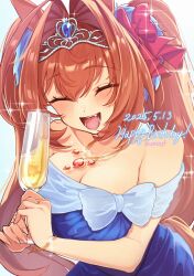 animal_ears bare_shoulders blue_dress blush bow breasts brown_hair cleavage closed_eyes collar collarbone cup daiwa_scarlet_(umamusume) dress drinking_glass english_text fang happy_birthday highres horse_ears horse_girl jewelry large_breasts long_hair non-web_source red_bow sidelocks signature sparks tiara umamusume uxxxjf white_bow wine_glass