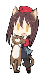 Rule 34 | 1girl, animal ears, aviation magic band, black skirt, black thighhighs, brown hair, cat, cat ears, cat girl, chibi, eleonore giovanna gassion, full body, garrison cap, hat, holding, long hair, looking at viewer, luminous witches, official art, open mouth, rio (luminous witches), shimada fumikane, shoes, simple background, skirt, standing, tail, thighhighs, white background, world witches series, yellow eyes