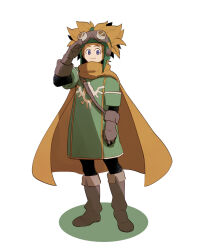 1boy black_pants black_sleeves blue_eyes brown_footwear brown_gloves cape commentary_request dragon_quest dragon_quest_ii full_body gloves goggles goggles_on_headwear green_hat green_tunic hat highres looking_to_the_side male_focus melonji_builder orange_cape orange_hair pants prince_of_samantoria salute smile solo spiked_hair tunic white_background