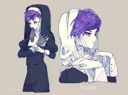 1boy alternate_costume artist_name bandaged_neck bandages black_dress black_veil buttons capelet character_name closed_mouth coif commentary_request crossdressing dress expressionless eyelashes from_side gloves grey_background grey_gloves hands_on_own_shoulders highres hijab juliet_sleeves lips lobotomy_corporation long_dress long_sleeves male_focus mouth_hold multiple_views nun pink_lips project_moon puffy_sleeves purple_hair removing_glove short_hair simple_background temari_momiji traditional_nun veil white_capelet white_hijab white_sleeve_cuffs yellow_eyes yesod_(project_moon)