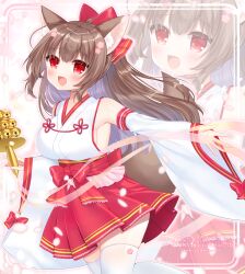 Rule 34 | 1girl, :d, animal ear fluff, animal ears, bare shoulders, blush, bow, breasts, brown hair, commentary request, commission, detached sleeves, flower, fox ears, fox girl, fox tail, hair between eyes, hair bow, hair flower, hair ornament, hakama, hakama short skirt, hakama skirt, highres, japanese clothes, kimono, large breasts, long hair, long sleeves, looking at viewer, nontraditional miko, open mouth, original, pink flower, ponytail, red bow, red eyes, red hakama, shikito (yawa0w0), sideboob, skeb commission, skirt, sleeves past wrists, smile, solo, tail, thighhighs, very long hair, watermark, white kimono, white sleeves, white thighhighs, wide sleeves, zoom layer
