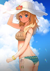 1girl amano_nozomi ass battle_girl_high_school bikini bikini_bottom_only blue_eyes bracelet brown_shirt closed_mouth cloud earrings eyelashes flower hat hat_flower highres jewelry kiyosato_0928 long_hair looking_at_viewer shirt solo sun_hat swimsuit white_hat