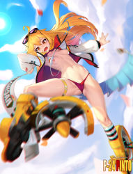 1girl absurdres ahoge artist_name blonde_hair breasts cameltoe character_name chromatic_aberration cleft_of_venus day fang female_focus highres last_origin nipples outdoors p-24_pinto panties partially_visible_vulva pjman pussy pussy_peek red_eyes red_panties skin_fang sky small_breasts solo spread_legs sunglasses sunglasses_on_head underwear wardrobe_malfunction wavy_mouth