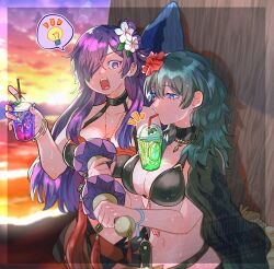 Rule 34 | 2girls, bare shoulders, beach, bikini, black bikini, black cape, black choker, blue eyes, blue hair, bracelet, breasts, cape, choker, cleavage, closed mouth, cup, drinking straw, female byleth (fire emblem), female byleth (summer) (fire emblem), female shez (fire emblem), female shez (summer) (fire emblem), fire emblem, fire emblem: three houses, fire emblem heroes, fire emblem warriors: three hopes, flower, hair flower, hair ornament, hair over one eye, hibiscus, highres, holding, holding rattle, idea, jewelry, large breasts, light bulb, long hair, multiple girls, navel, nintendo, ocean, official alternate costume, open mouth, outdoors, purple eyes, purple hair, rattle, red flower, sky, stomach, sunset, sweat, sweatdrop, swimsuit, teeth, uluchi rice, upper teeth only, wet, white flower