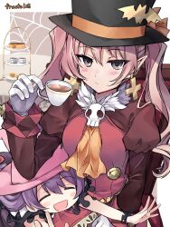 2girls :d ascot blush closed_eyes commentary_request cross cross_earrings cup dolce_(rune_factory) earrings fractal_(fractal25) gloves grey_eyes hair_between_eyes hand_up hat highres holding holding_cup jewelry juliet_sleeves long_hair long_sleeves looking_at_viewer lying lying_on_lap multiple_girls on_stomach open_mouth outstretched_arms pico_(rune_factory) pink_hair pink_hat pointy_ears puffy_sleeves purple_hair rune_factory rune_factory_4 silk sitting skull smile spider_web teacup tiered_tray top_hat twintails white_gloves witch_hat