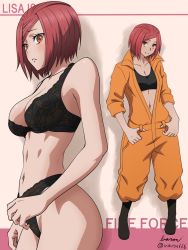 1girl abs artist_name ass bare_shoulders black_panties blush boots bra breasts curvy en&#039;en_no_shouboutai full_body highleg highleg_panties highres jumpsuit large_breasts lisa_isaribi navel open_clothes orange_eyes panties red_hair shiny_skin short_hair simple_background smile thighs underwear upper_body varon
