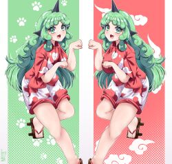 1girl blush cloud_print curly_hair geta green_background green_eyes green_hair heart heart_print highres horns komano_aunn long_hair looking_at_viewer open_mouth paw_print red_background red_nails red_shirt rion_(user_ufvg8527) shirt short_sleeves shorts signature single_horn symmetry touhou white_shorts