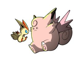 artist_request blue_sclera clefable closed_mouth colored_sclera fang full_body gen_1_pokemon gen_5_pokemon legendary_pokemon looking_at_another mythical_pokemon nintendo no_humans official_art outstretched_arms pokemon pokemon_(creature) pokemon_focus second-party_source spread_arms transparent_background victini white_eyes