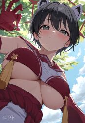 1girl animal_ears backlighting bare_shoulders black_eyes black_hair blue_archive blue_sky blush breast_curtain breasts closed_mouth cloud commentary day elbow_gloves extra_ears from_below gloves hair_between_eyes halo highres holding holding_leaf large_breasts leaf looking_at_viewer outdoors raccoon_ears raccoon_girl red_gloves red_halo red_sailor_collar red_skirt rope rope_belt sailor_collar shimenawa short_hair sideless_outfit sidelocks signature skirt sky smile solo tassel tree tsubaki_(blue_archive) underboob upper_body vinnie_cheeks